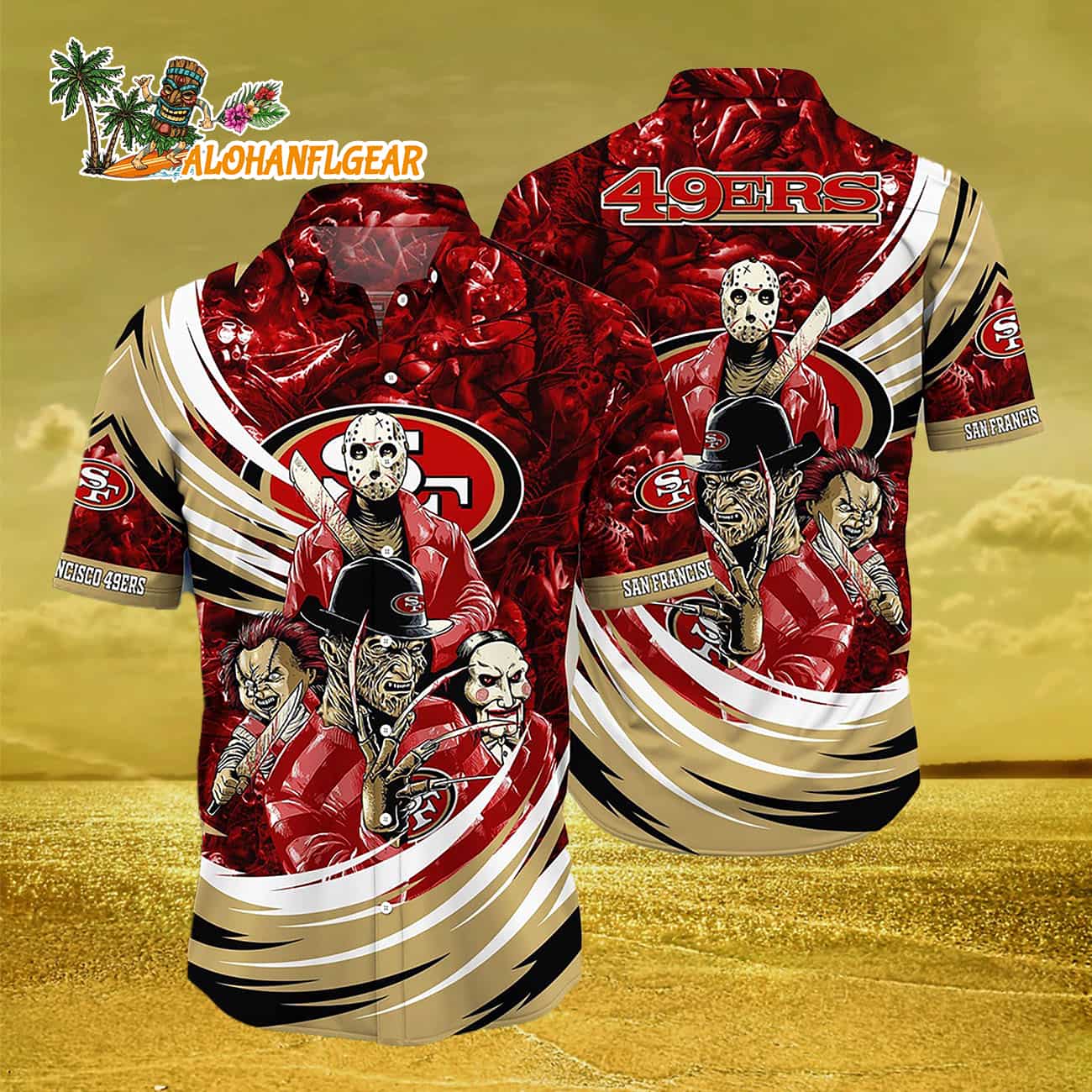 San Francisco 49ers Halloween Horror Movie Characters Hawaiian Shirt San Francisco 49ers Halloween Horror Movie Characters Hawaiian Shirt