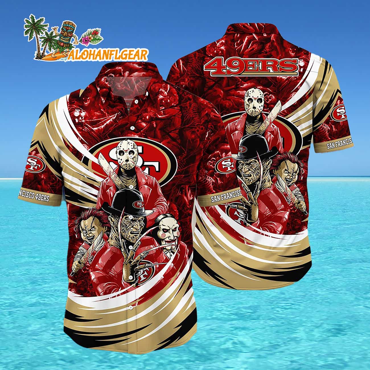 San Francisco 49ers Halloween Horror Movie Characters Hawaiian Shirt San Francisco 49ers Halloween Horror Movie Characters Hawaiian Shirt