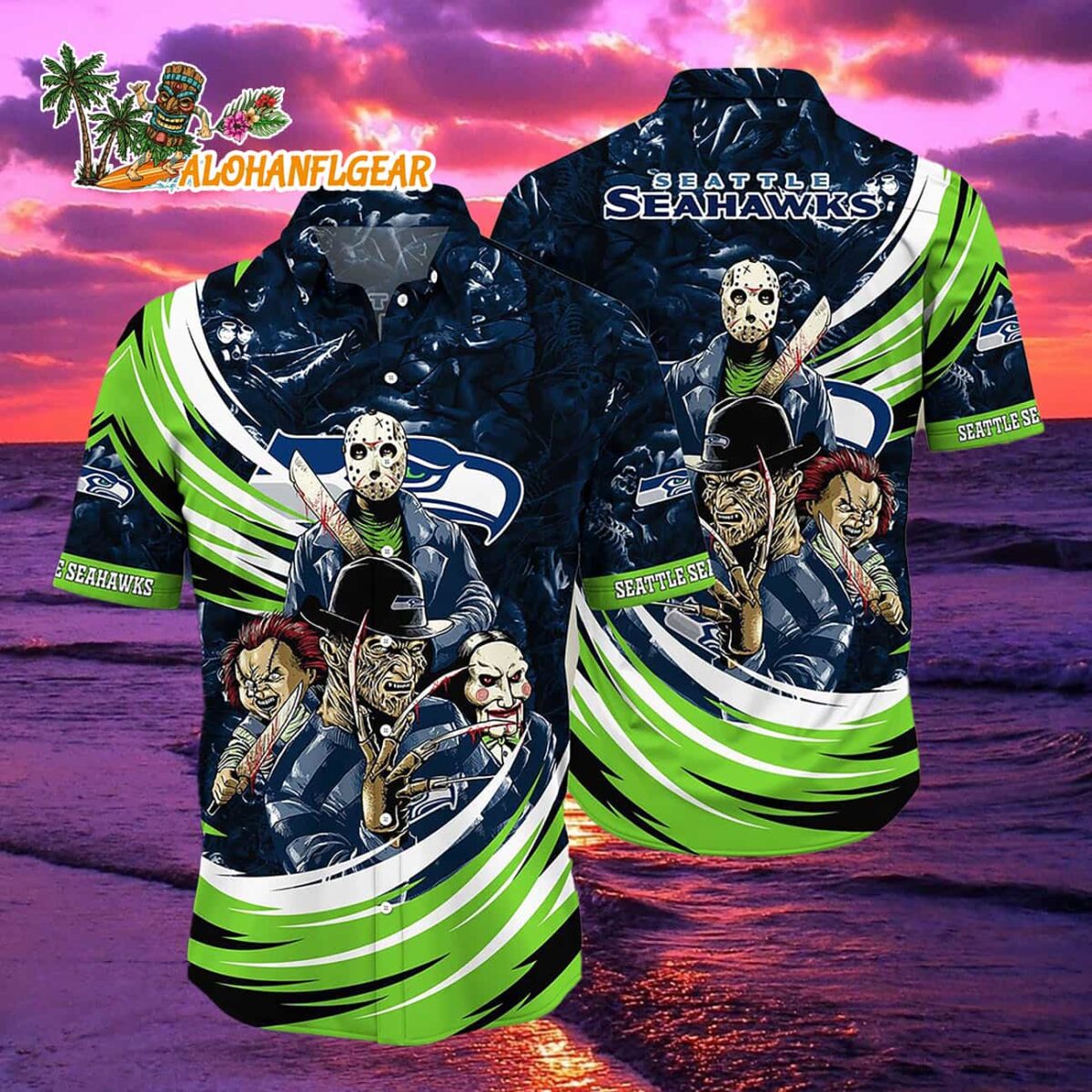 Seattle Seahawks Special Horror Movie Characters Halloween Hawaiian Shirt 2