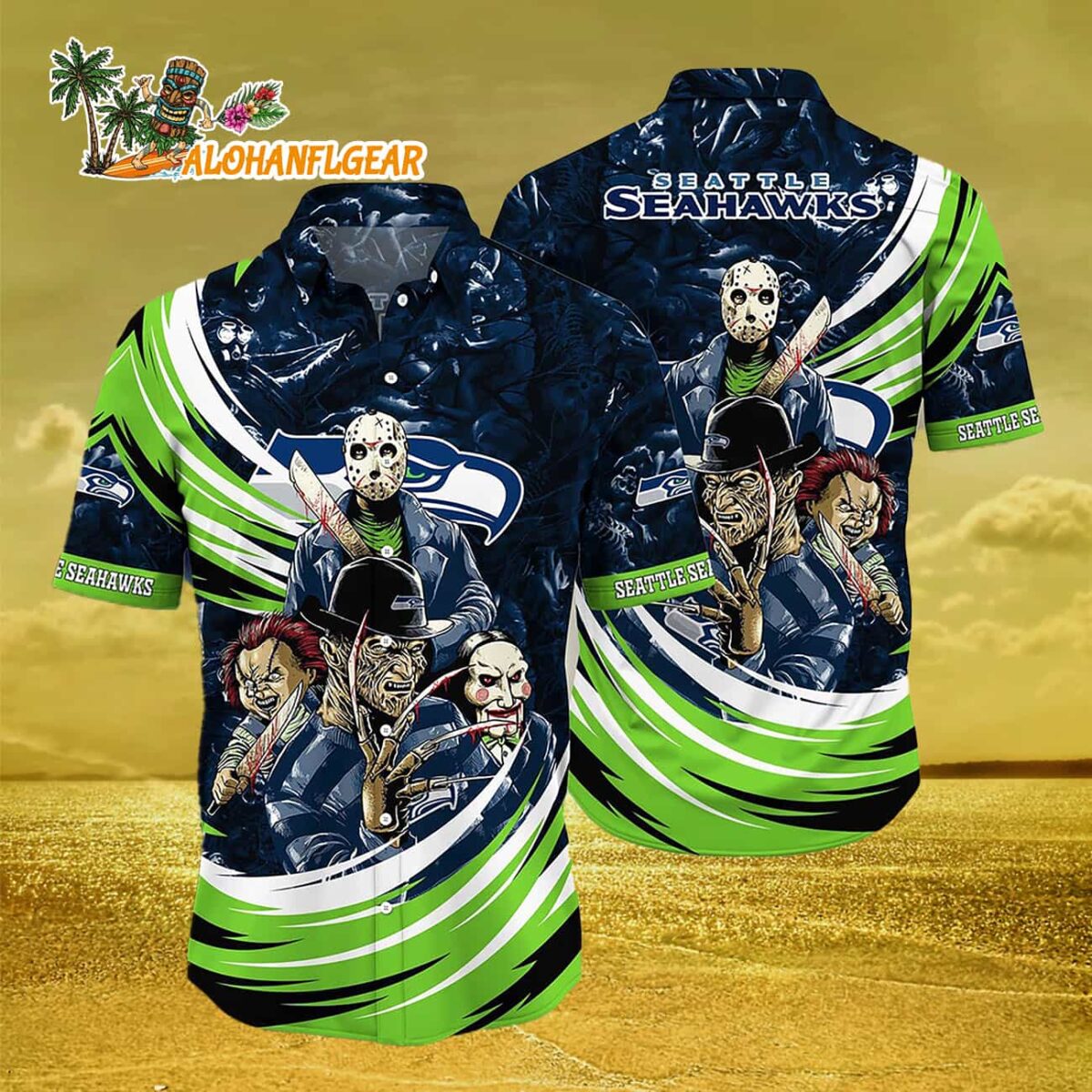 Seattle Seahawks Special Horror Movie Characters Halloween Hawaiian Shirt 3