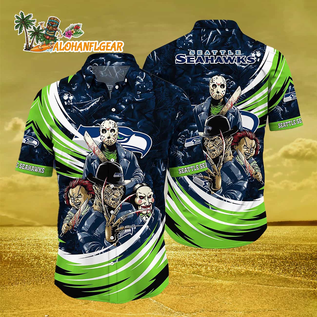 Seattle Seahawks Special Horror Movie Characters Halloween Hawaiian Shirt Seattle Seahawks Special Horror Movie Characters Halloween Hawaiian Shirt