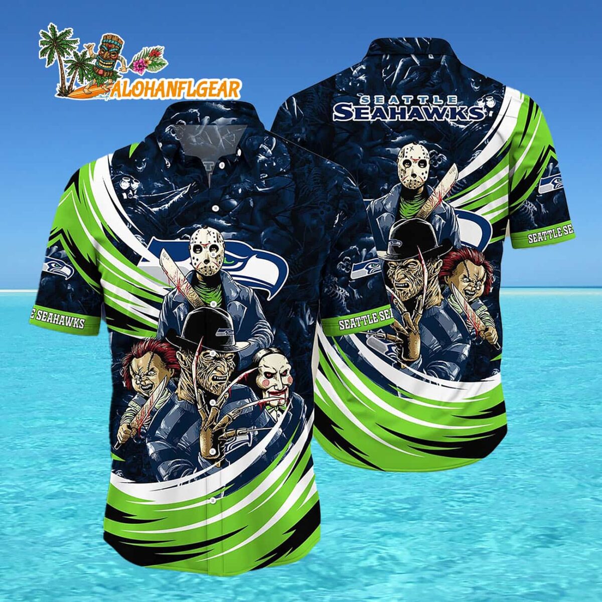 Seattle Seahawks Special Horror Movie Characters Halloween Hawaiian Shirt 4