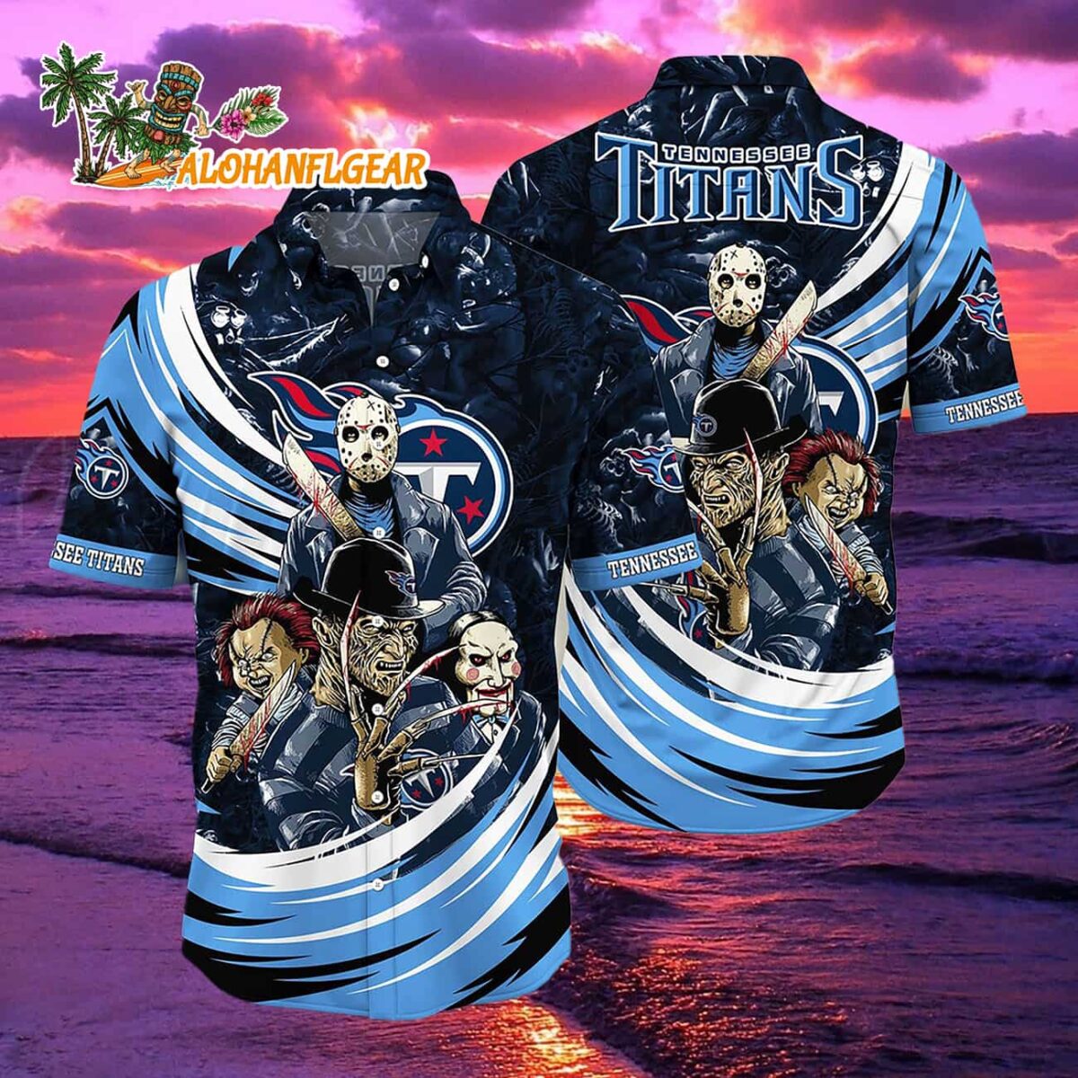 Tennessee Titans Halloween Horror Movie Characters Hawaiian Shirt 1 Tennessee Titans Halloween Horror Movie Characters Hawaiian Shirt 2