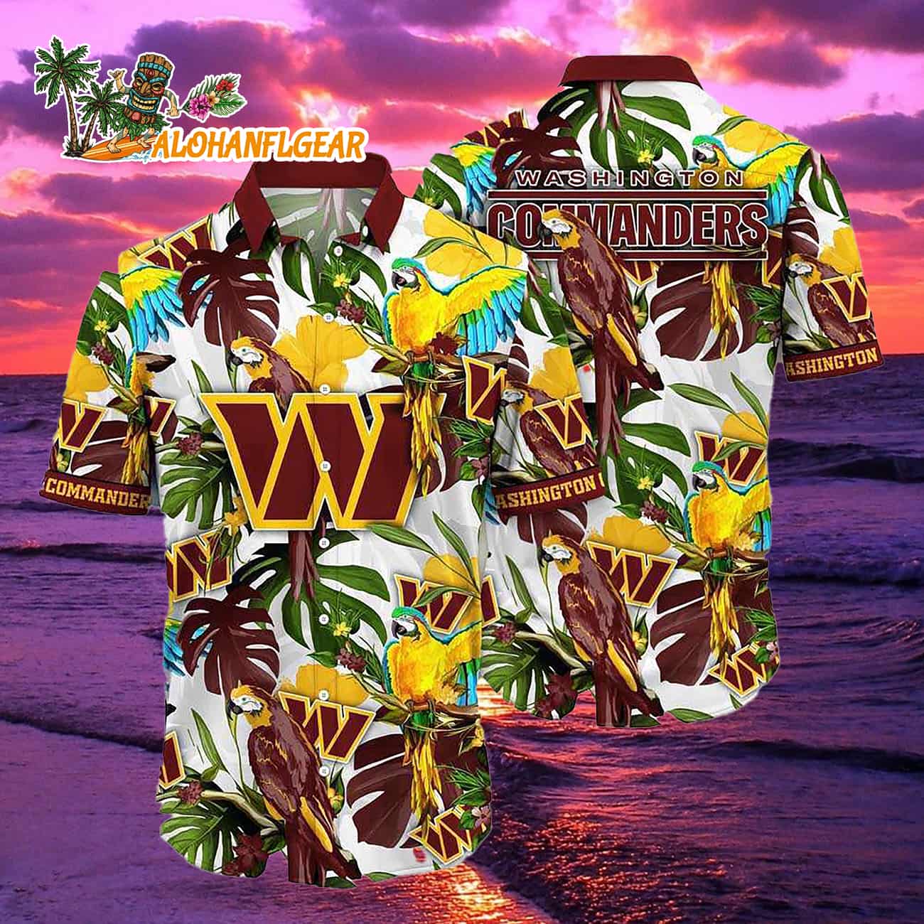 Washington Commanders Parrots Tropical Flower Hawaiian Shirt Washington Commanders Parrots Tropical Flower Hawaiian Shirt