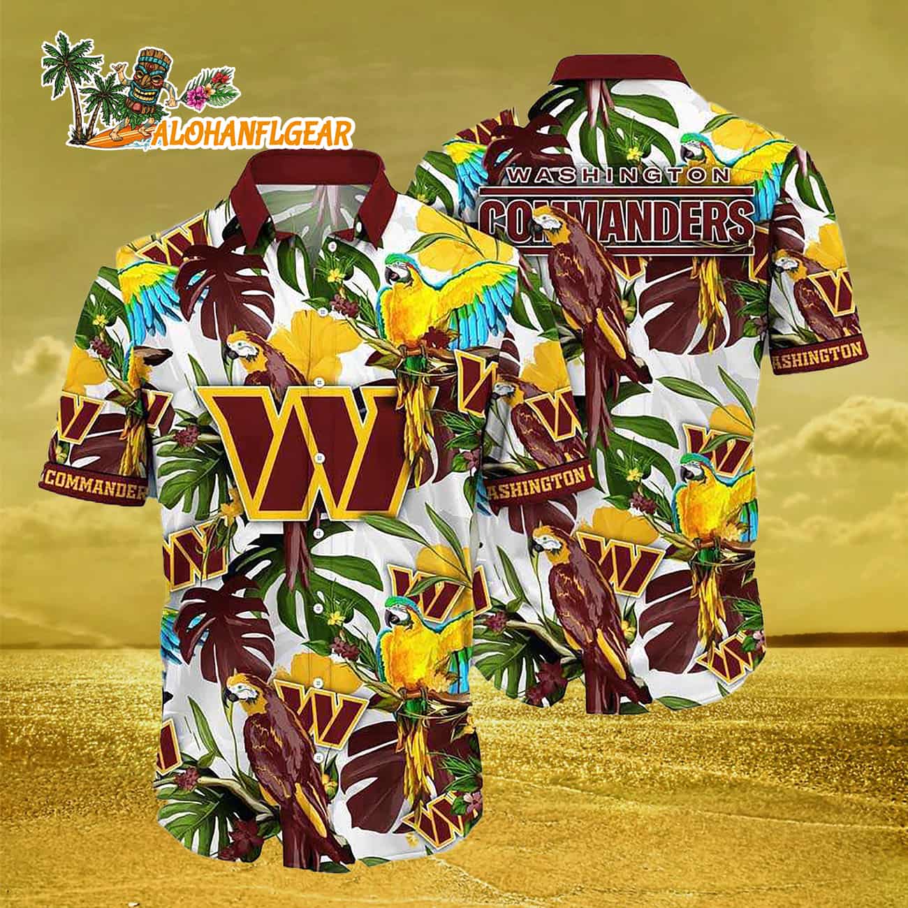 Washington Commanders Parrots Tropical Flower Hawaiian Shirt Washington Commanders Parrots Tropical Flower Hawaiian Shirt