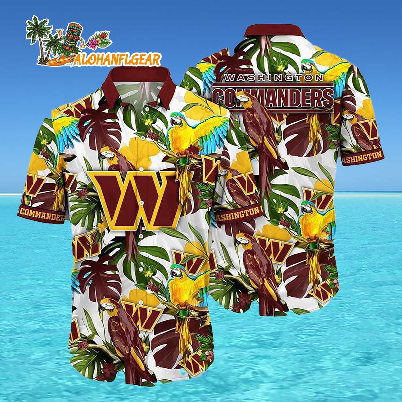 Washington Commanders Parrots Tropical Flower Hawaiian Shirt Washington Commanders Parrots Tropical Flower Hawaiian Shirt