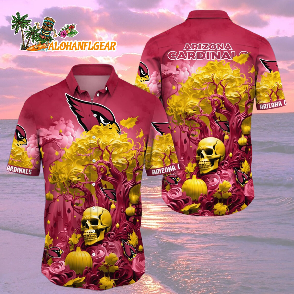 Arizona Cardinals Halloween Skull Pumpkin Hawaiian Shirt Arizona Cardinals Aloha Shirt 2