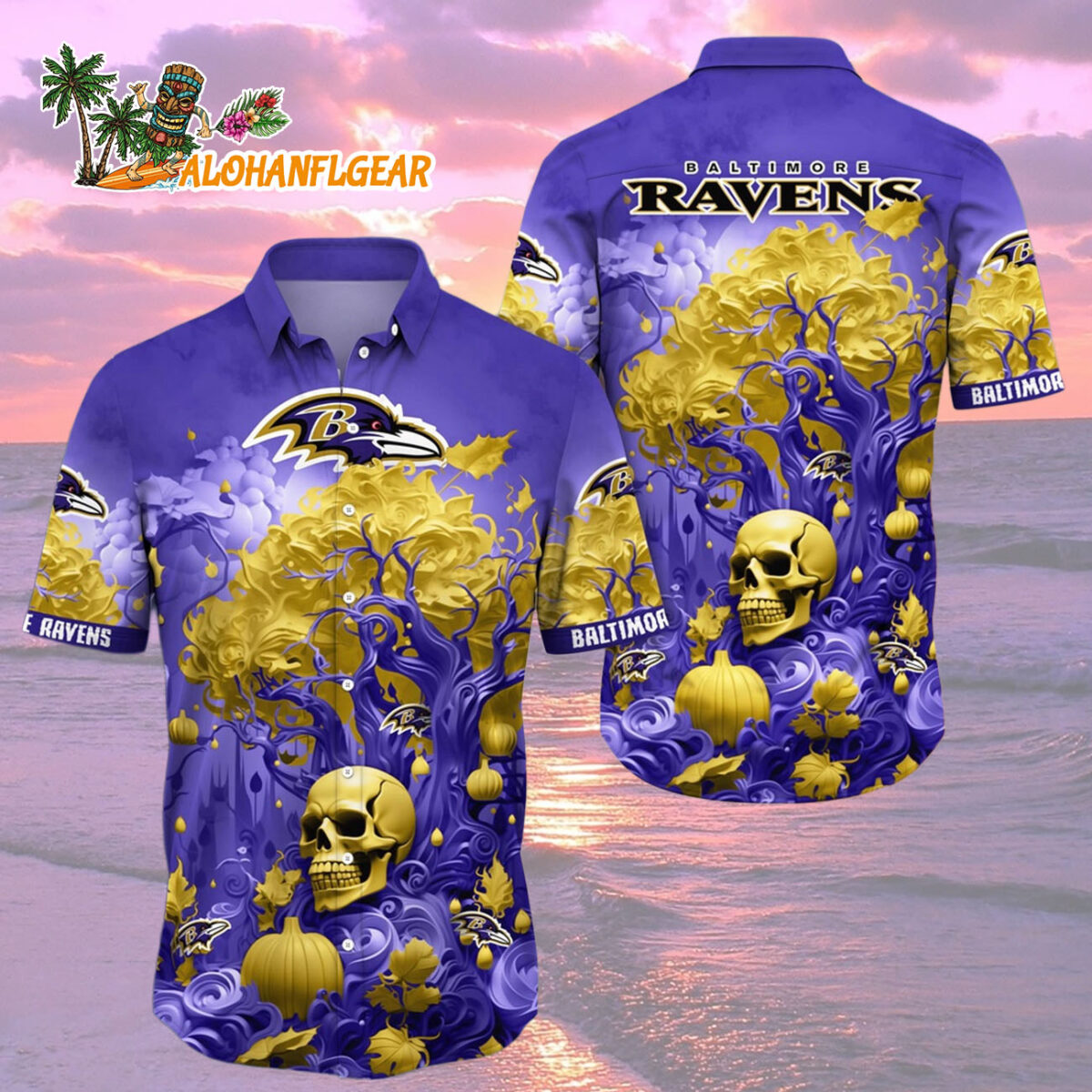 Baltimore Ravens Halloween Skull Pumpkin Hawaiian Shirt Baltimore Ravens Aloha Shirt 2
