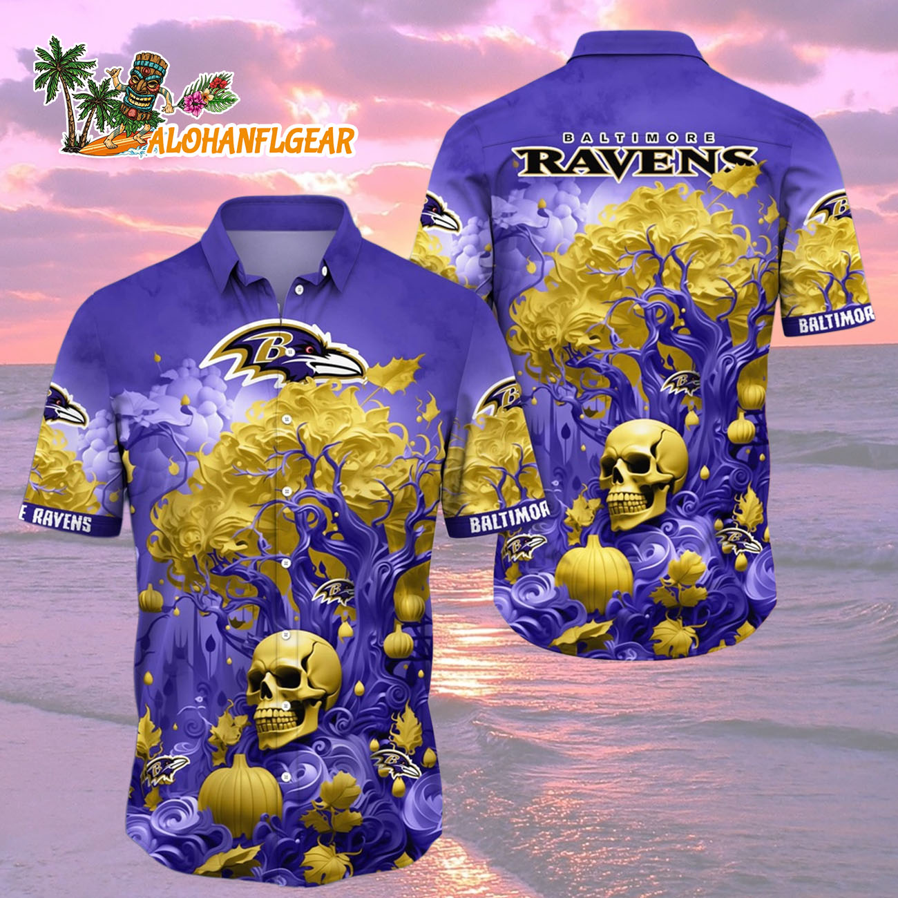 Baltimore Ravens Halloween Skull Pumpkin Hawaiian Shirt, Baltimore Ravens Aloha Shirt Baltimore Ravens Halloween Skull Pumpkin Hawaiian Shirt, Baltimore Ravens Aloha Shirt