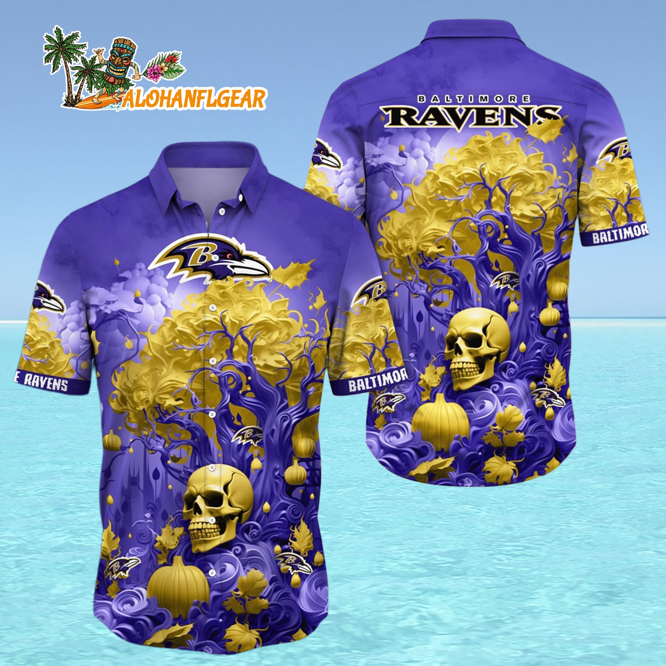 Baltimore Ravens Halloween Skull Pumpkin Hawaiian Shirt, Baltimore Ravens Aloha Shirt Baltimore Ravens Halloween Skull Pumpkin Hawaiian Shirt, Baltimore Ravens Aloha Shirt