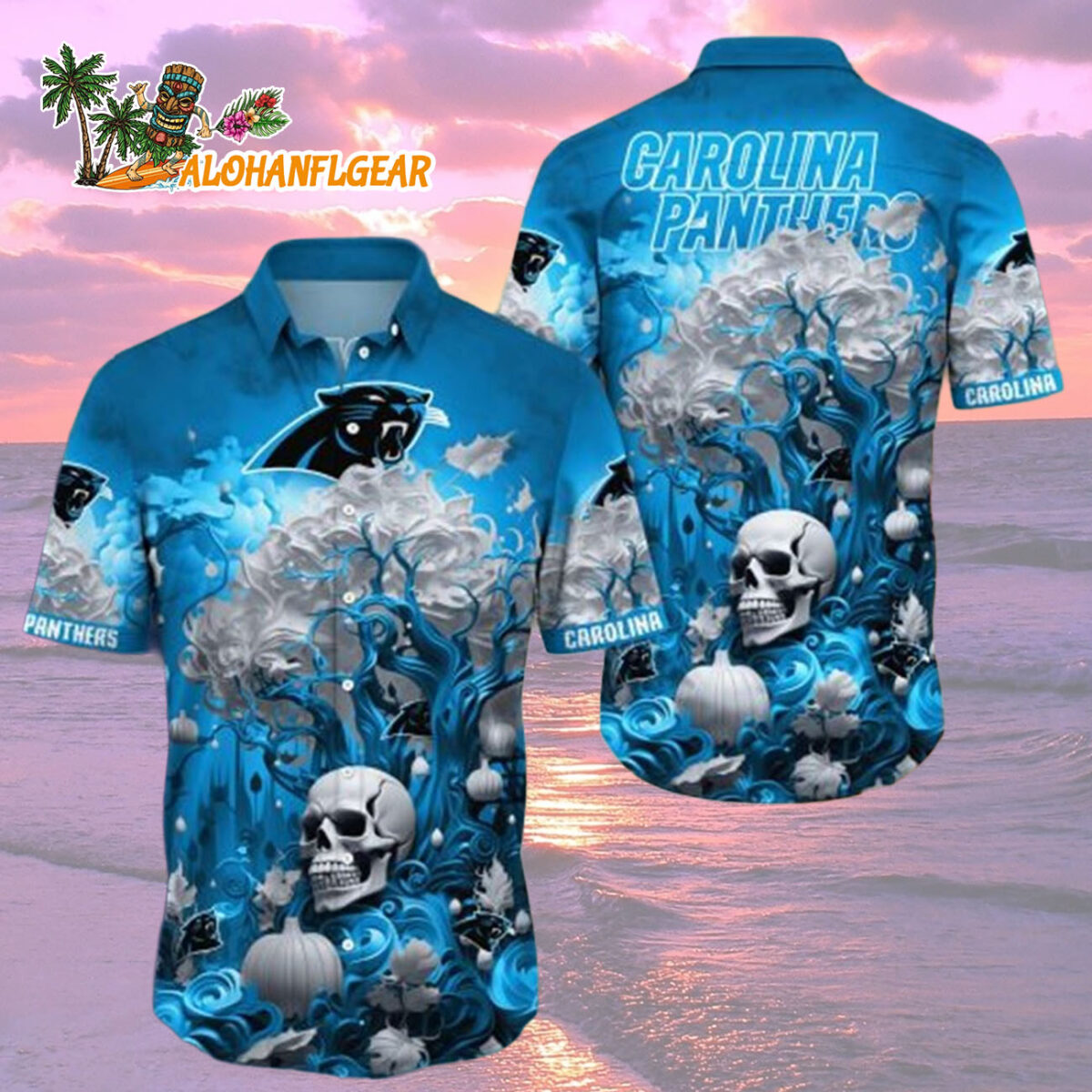 Carolina Panthers Halloween Skull Pumpkin Carolina Panthers Aloha Shirt 2