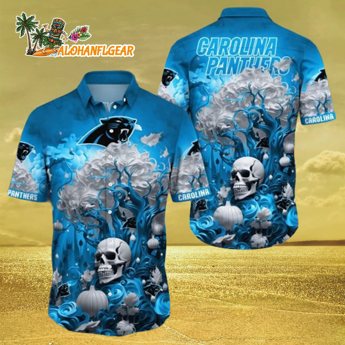 Carolina Panthers Halloween Skull Pumpkin Carolina Panthers Aloha Shirt 3