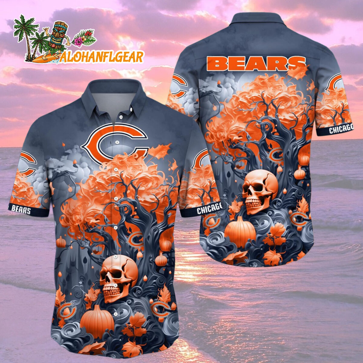 Chicago Bears Halloween Skull Pumpkin Hawaiian Shirt Chicago Bears Aloha Shirt 2