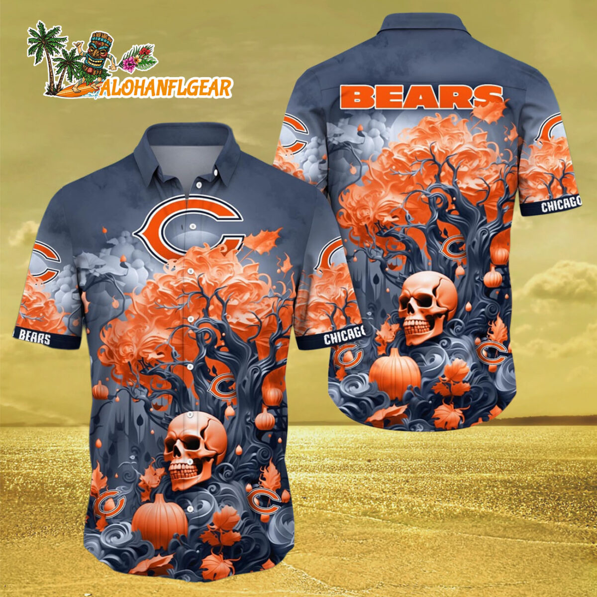 Chicago Bears Halloween Skull Pumpkin Hawaiian Shirt Chicago Bears Aloha Shirt 3