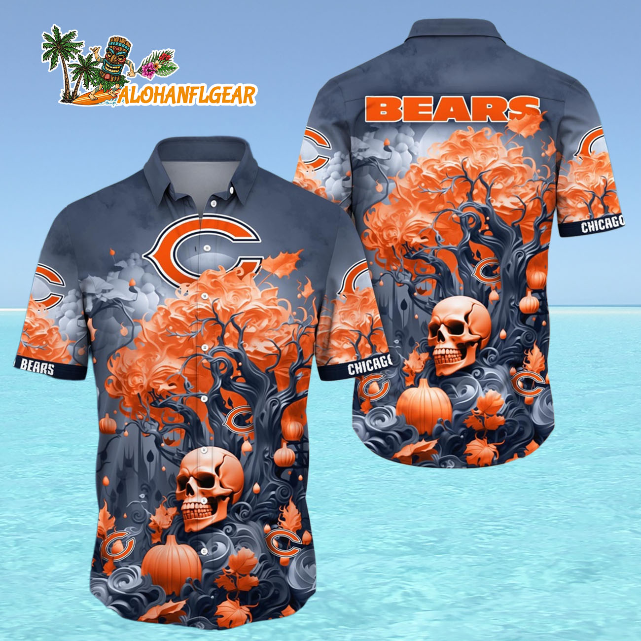 Chicago Bears Halloween Skull Pumpkin Hawaiian Shirt, Chicago Bears Aloha Shirt Chicago Bears Halloween Skull Pumpkin Hawaiian Shirt, Chicago Bears Aloha Shirt