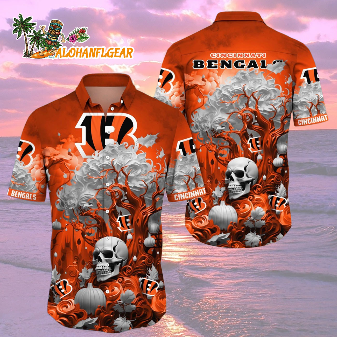 Cincinnati Bengals Halloween Skull Pumpkin Hawaiian Shirt, Cincinnati Bengals Aloha Shirt Cincinnati Bengals Halloween Skull Pumpkin Hawaiian Shirt, Cincinnati Bengals Aloha Shirt