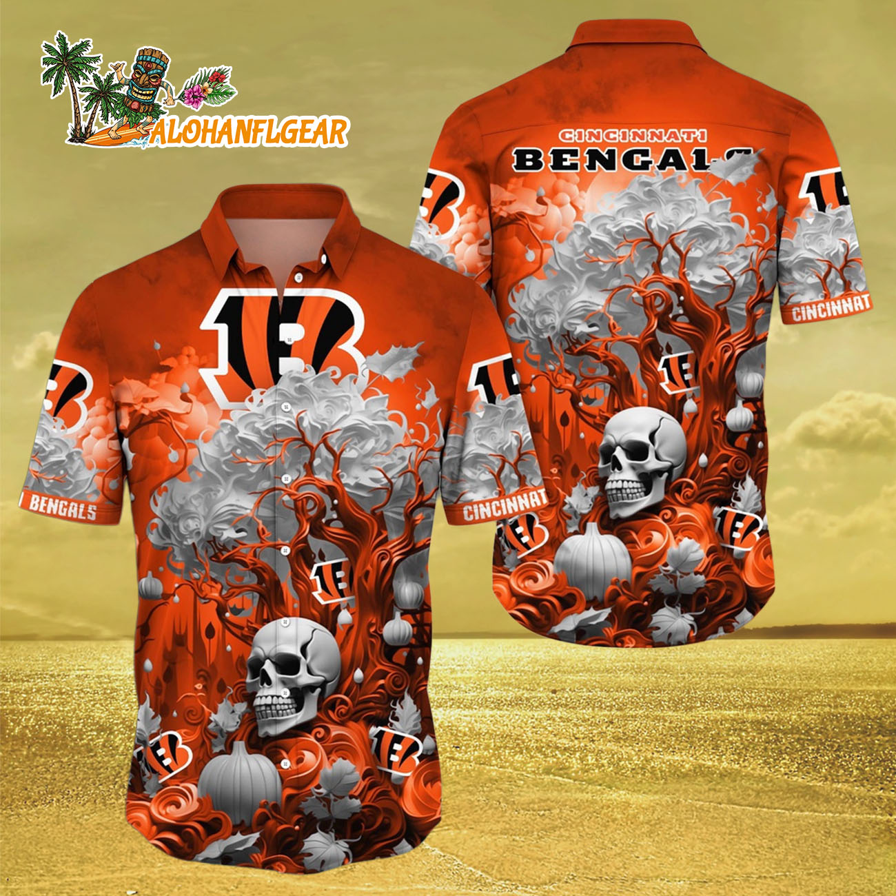 Cincinnati Bengals Halloween Skull Pumpkin Hawaiian Shirt, Cincinnati Bengals Aloha Shirt Cincinnati Bengals Halloween Skull Pumpkin Hawaiian Shirt, Cincinnati Bengals Aloha Shirt