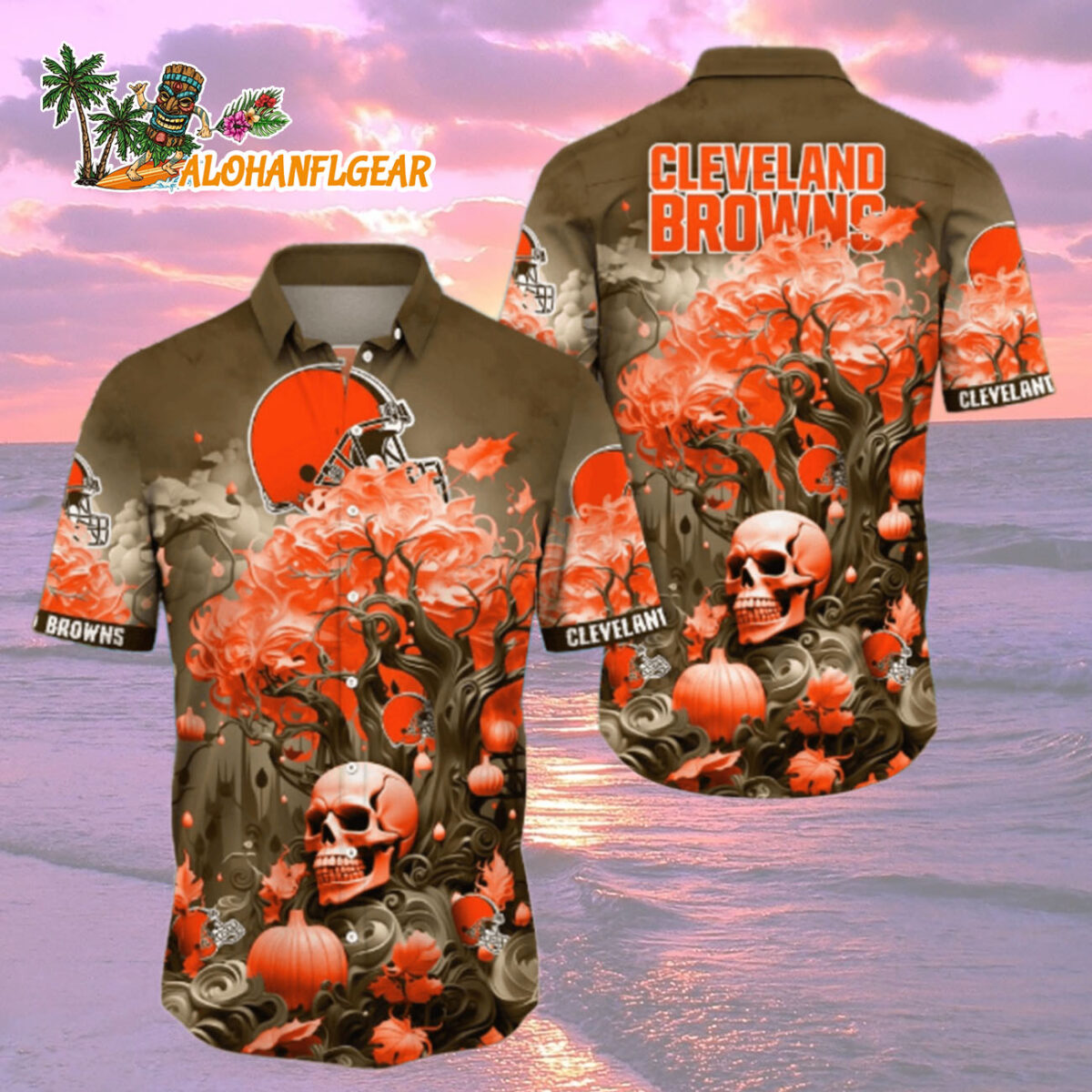 Cleveland Browns Halloween Skull Pumpkin Hawaiian Shirt Cleveland Browns Aloha Shirt 2