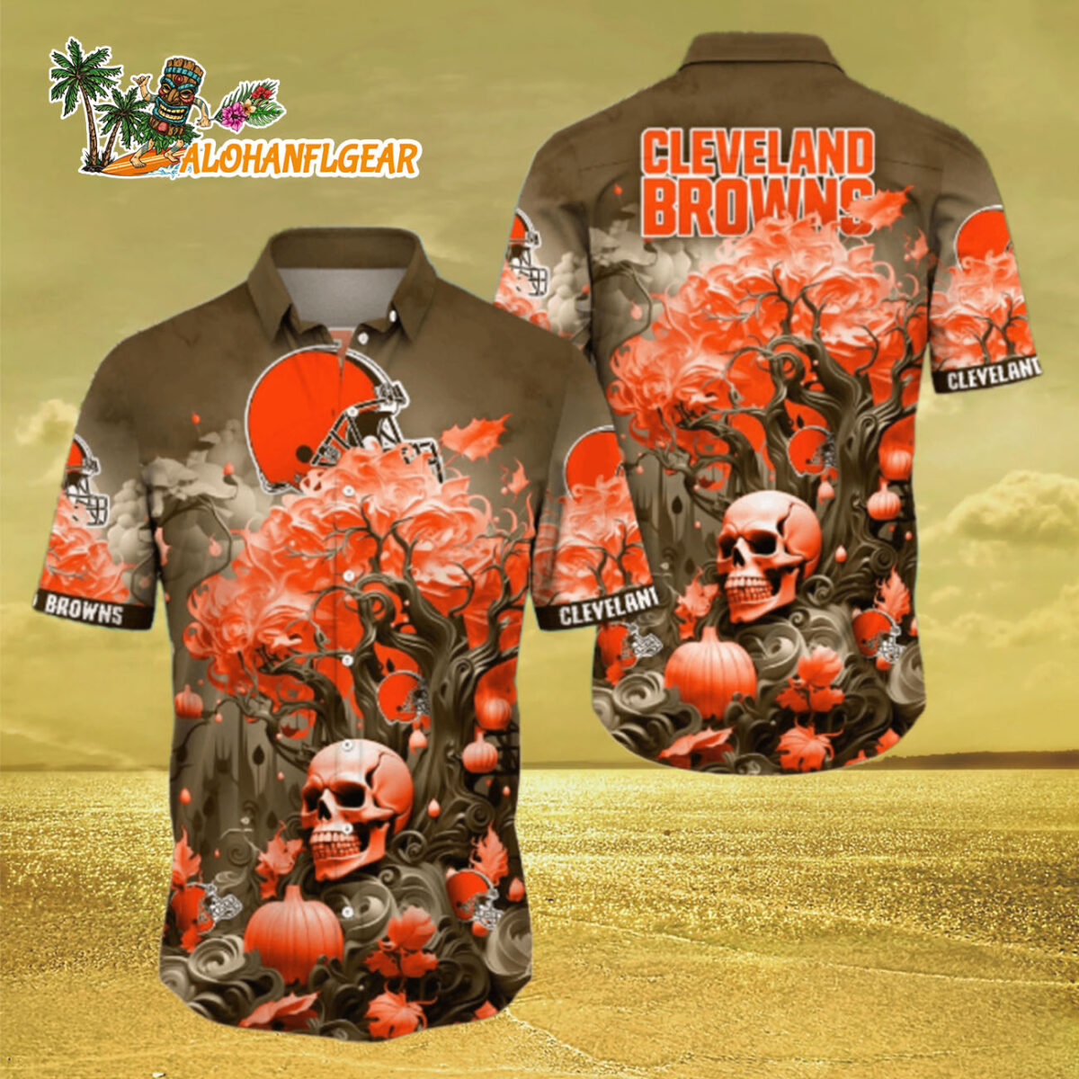 Cleveland Browns Halloween Skull Pumpkin Hawaiian Shirt Cleveland Browns Aloha Shirt 3