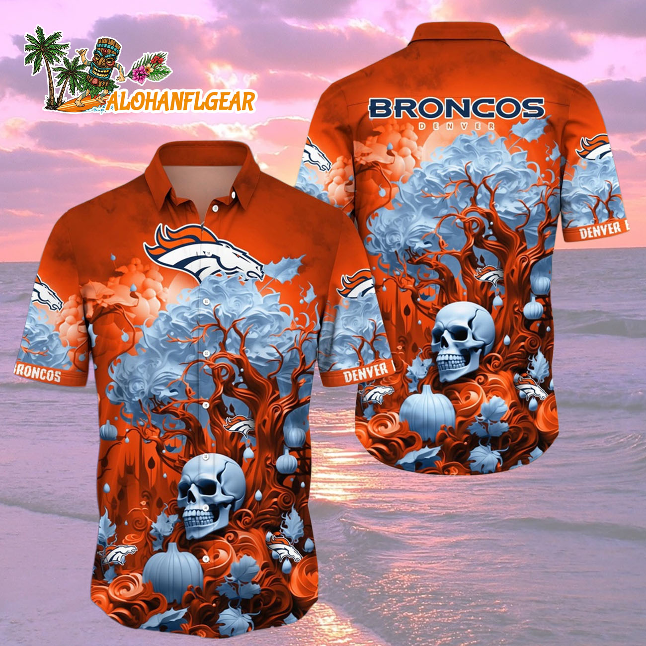 Denver Broncos Halloween Skull Pumpkin Hawaiian Shirt, Denver Broncos Aloha Shirt Denver Broncos Halloween Skull Pumpkin Hawaiian Shirt, Denver Broncos Aloha Shirt