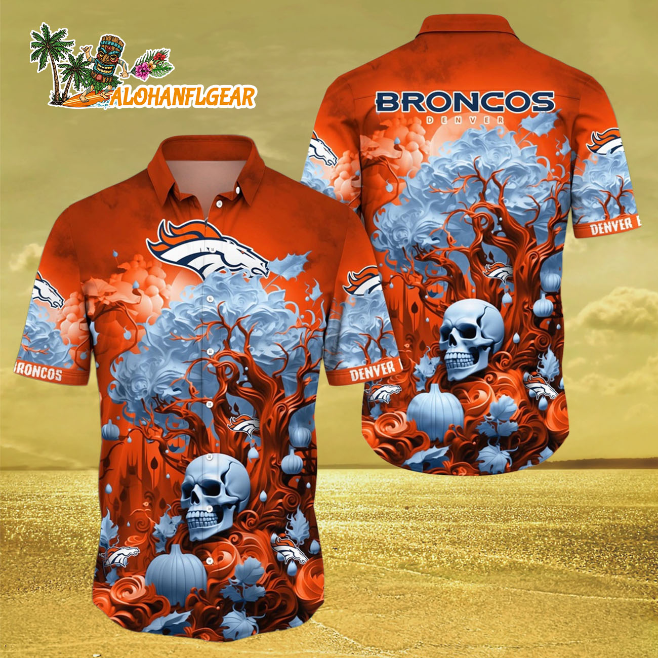 Denver Broncos Halloween Skull Pumpkin Hawaiian Shirt, Denver Broncos Aloha Shirt Denver Broncos Halloween Skull Pumpkin Hawaiian Shirt, Denver Broncos Aloha Shirt