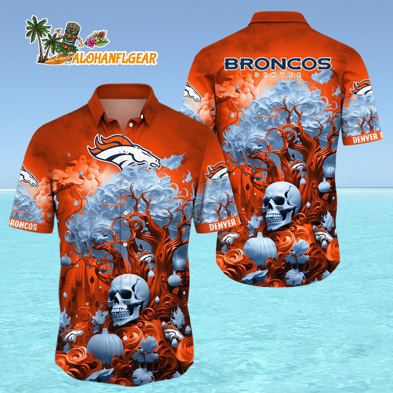 Denver Broncos Halloween Skull Pumpkin Hawaiian Shirt, Denver Broncos Aloha Shirt Denver Broncos Halloween Skull Pumpkin Hawaiian Shirt, Denver Broncos Aloha Shirt