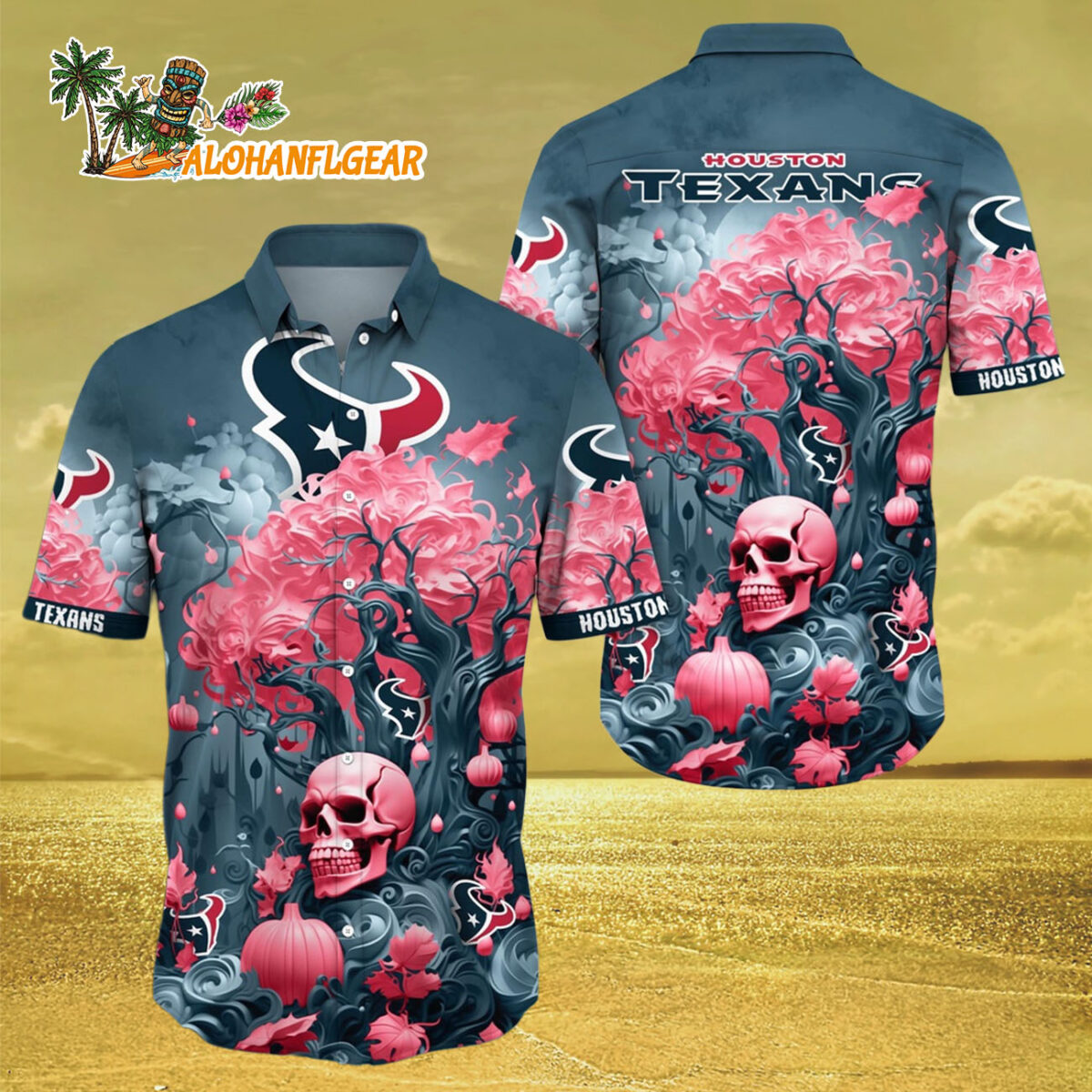 Houston Texans Halloween Skull Pumpkin Hawaiian Shirt Houston Texans Aloha Shirt 3