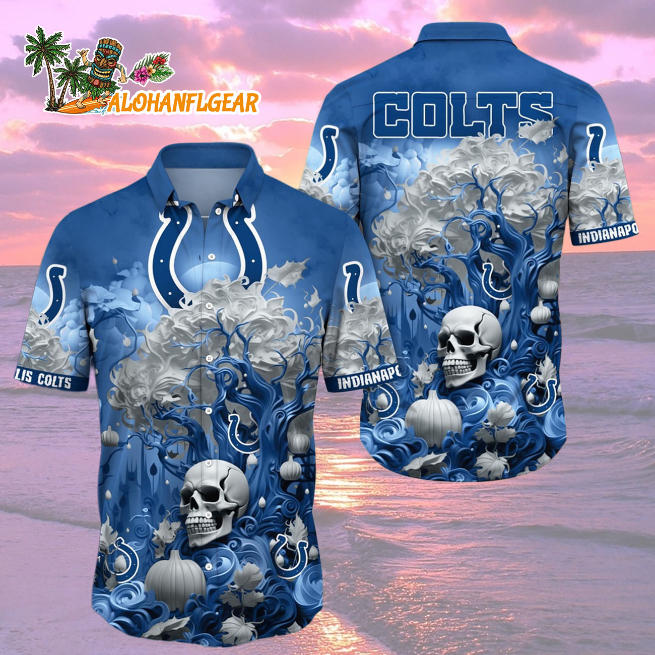 Indianapolis Colts Halloween Skull Pumpkin Hawaiian Shirt, Indianapolis Colts Aloha Shirt Indianapolis Colts Halloween Skull Pumpkin Hawaiian Shirt, Indianapolis Colts Aloha Shirt