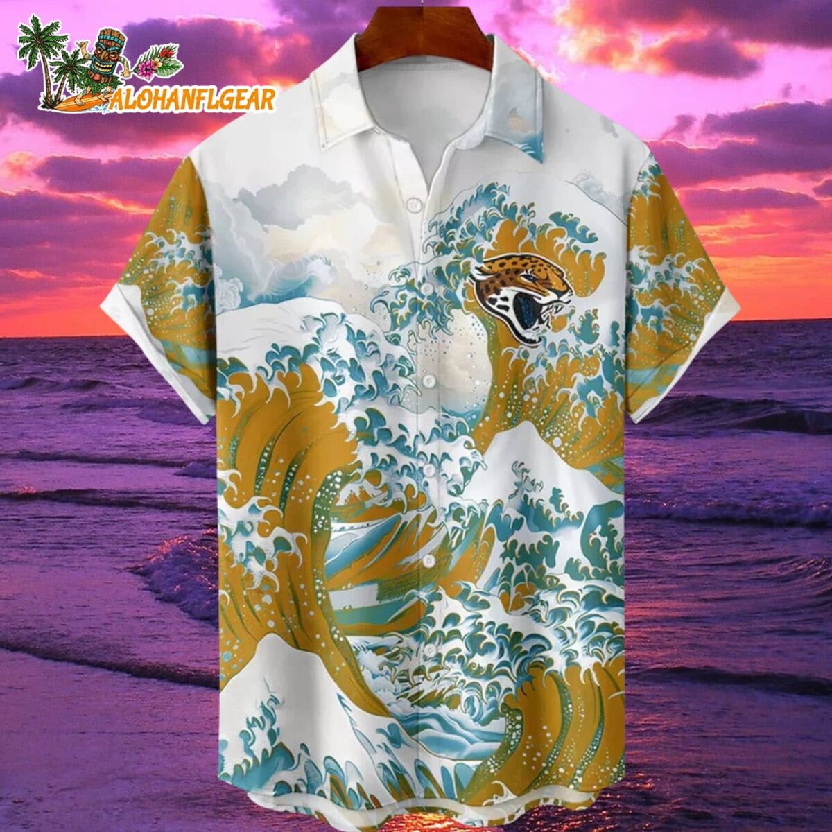 Jacksonville Jaguars Great Wave Hawaiian Shirt Custom Name And Number NFL Aloha Shirt 1