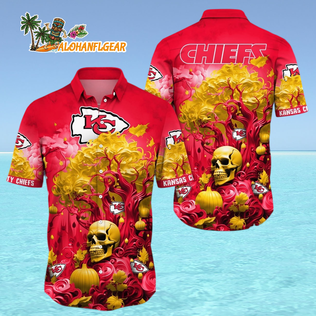 Kansas City Chiefs Halloween Skull Pumpkin Hawaiian Shirt, Kansas City Chiefs Aloha Shirt Kansas City Chiefs Halloween Skull Pumpkin Hawaiian Shirt, Kansas City Chiefs Aloha Shirt