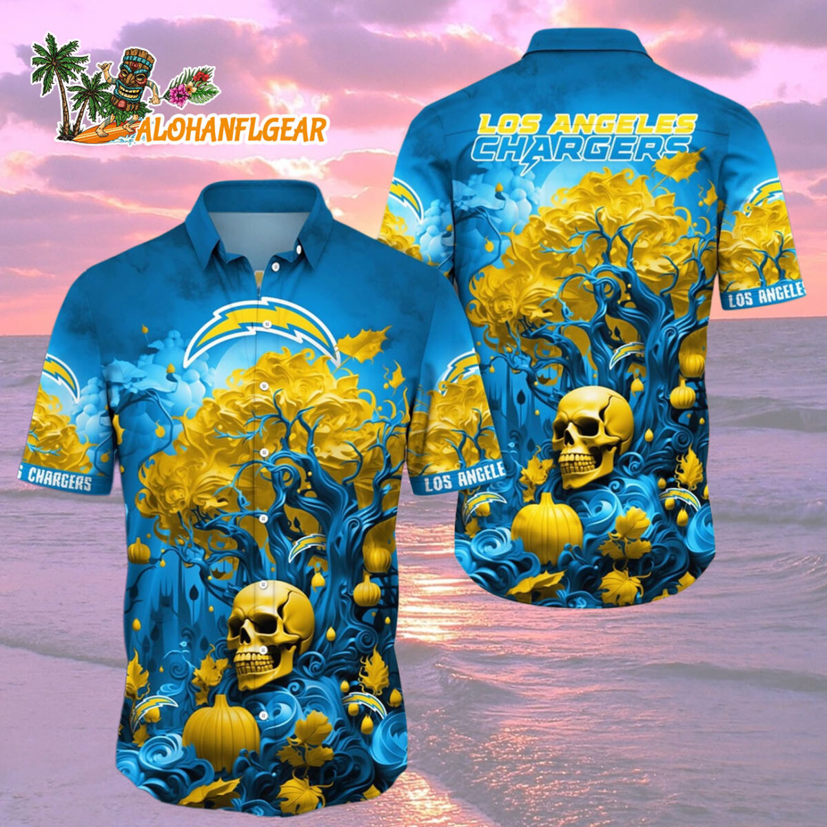 Los Angeles Chargers Halloween Skull Pumpkin Hawaiian Shirt Los Angeles Chargers Aloha Shirt 2
