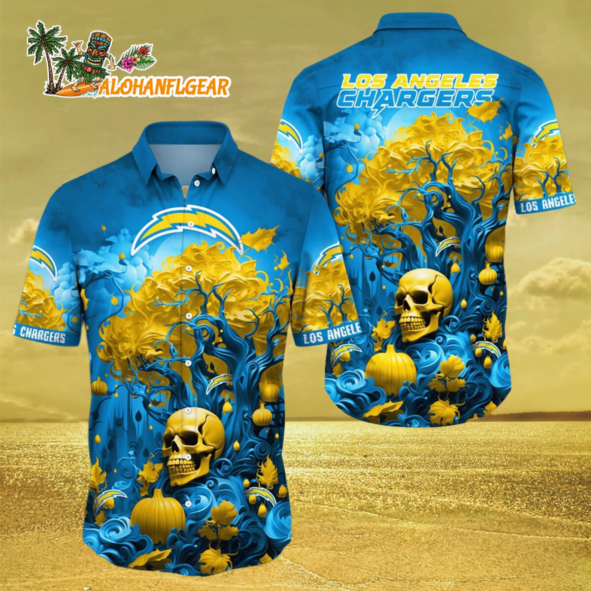 Los Angeles Chargers Halloween Skull Pumpkin Hawaiian Shirt Los Angeles Chargers Aloha Shirt 3