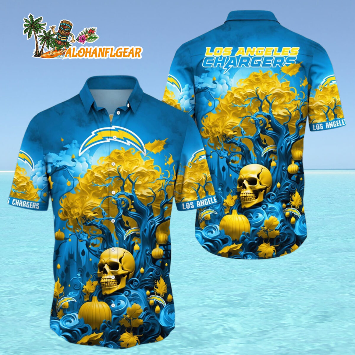 Los Angeles Chargers Halloween Skull Pumpkin Hawaiian Shirt Los Angeles Chargers Aloha Shirt 4