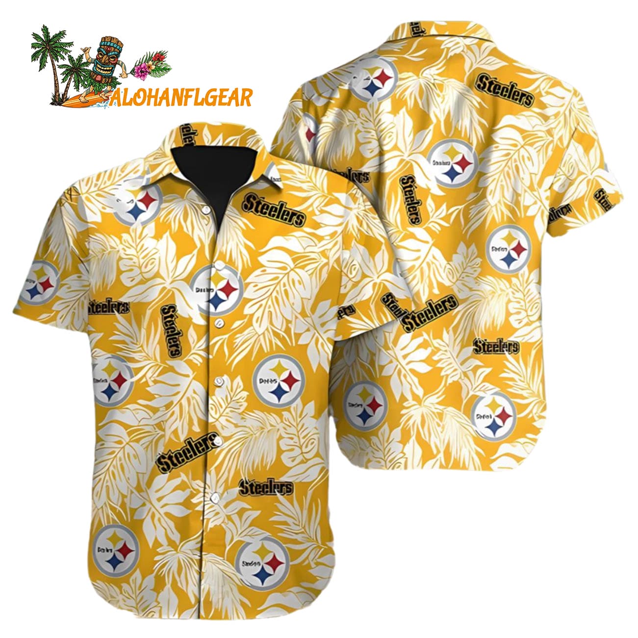 Mens Hawaiian Button Up Shirt Tropical Leafs Print, Pittsburgh Steelers Aloha Shirt Mens Hawaiian Button Up Shirt Tropical Leafs Print, Pittsburgh Steelers Aloha Shirt