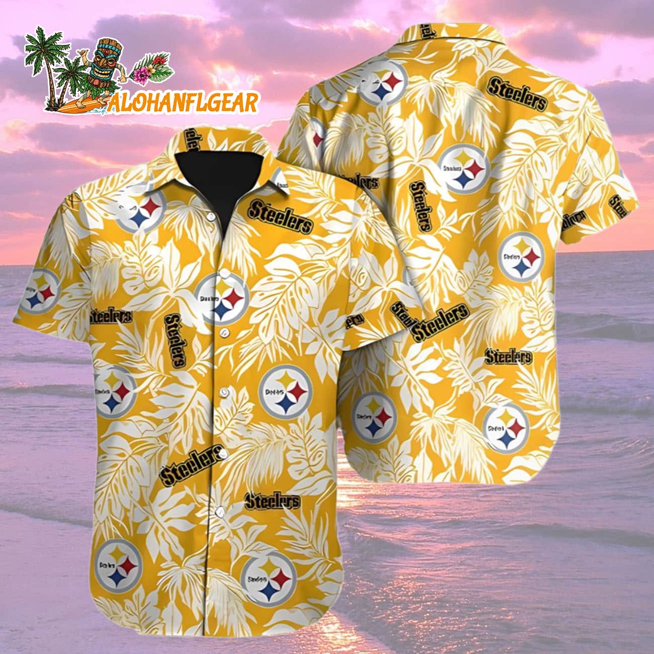 Mens Hawaiian Button Up Shirt Tropical Leafs Print, Pittsburgh Steelers Aloha Shirt Mens Hawaiian Button Up Shirt Tropical Leafs Print, Pittsburgh Steelers Aloha Shirt