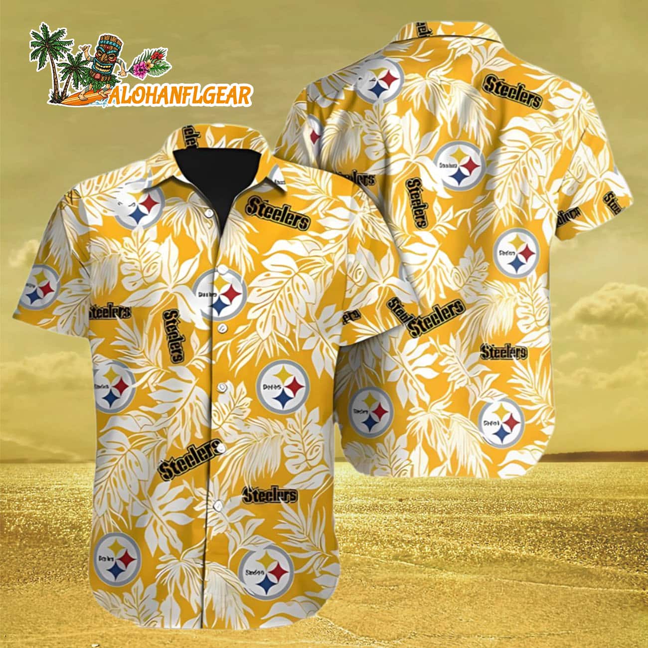 Mens Hawaiian Button Up Shirt Tropical Leafs Print, Pittsburgh Steelers Aloha Shirt Mens Hawaiian Button Up Shirt Tropical Leafs Print, Pittsburgh Steelers Aloha Shirt