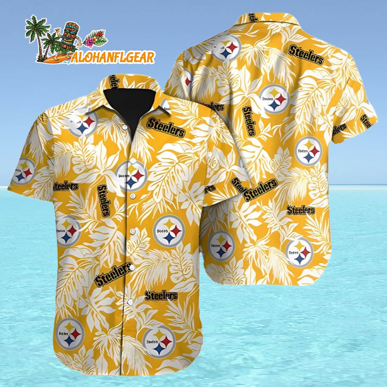 Mens Hawaiian Button Up Shirt Tropical Leafs Print, Pittsburgh Steelers Aloha Shirt Mens Hawaiian Button Up Shirt Tropical Leafs Print, Pittsburgh Steelers Aloha Shirt