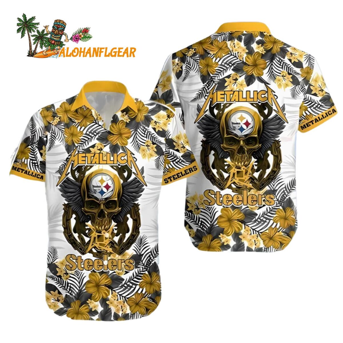 Metallica Skull And Flower Pittsburgh Steelers Hawaiian Shirt Pittsburgh Steelers Aloha Shirt 1