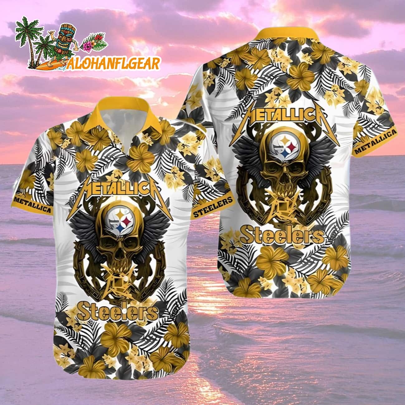 Metallica Skull And Flower Pittsburgh Steelers Hawaiian Shirt, Pittsburgh Steelers Aloha Shirt Metallica Skull And Flower Pittsburgh Steelers Hawaiian Shirt, Pittsburgh Steelers Aloha Shirt