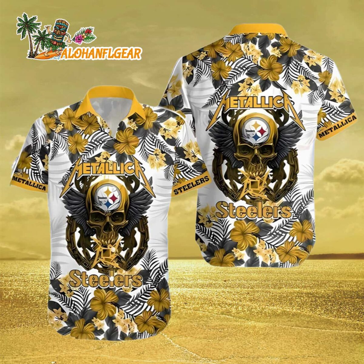 Metallica Skull And Flower Pittsburgh Steelers Hawaiian Shirt Pittsburgh Steelers Aloha Shirt 3