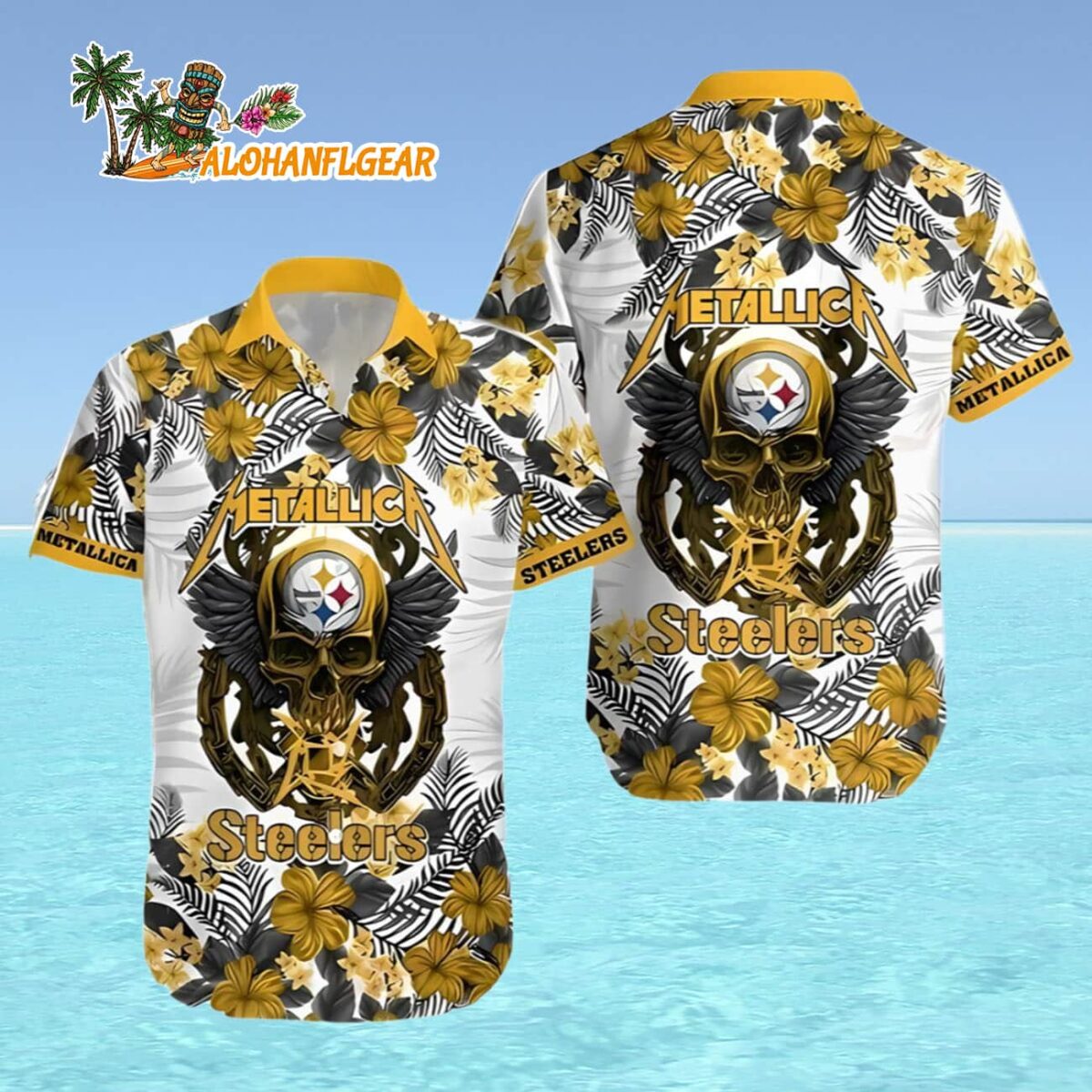 Metallica Skull And Flower Pittsburgh Steelers Hawaiian Shirt Pittsburgh Steelers Aloha Shirt 4