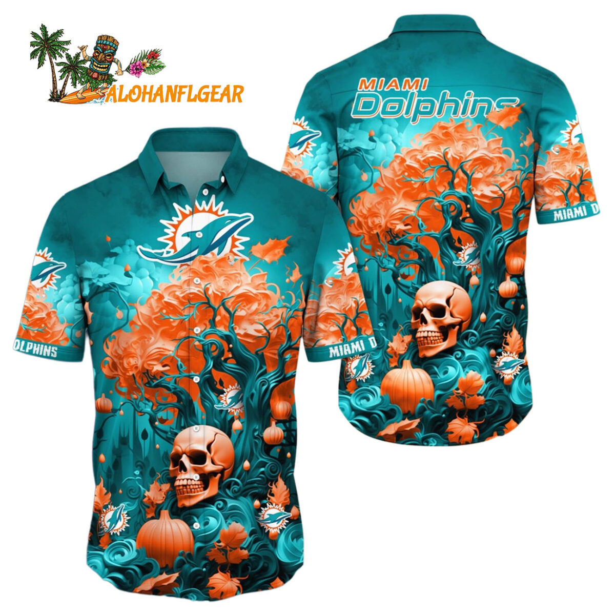 Miami Dolphins Halloween Skull Pumpkin Hawaiian Shirt Miami Dolphins Aloha Shirt 1