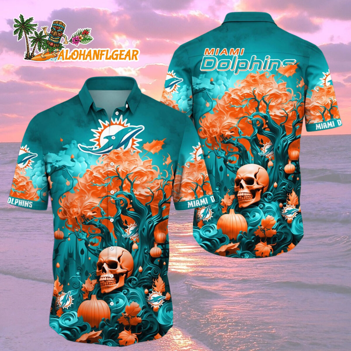 Miami Dolphins Halloween Skull Pumpkin Hawaiian Shirt Miami Dolphins Aloha Shirt 2