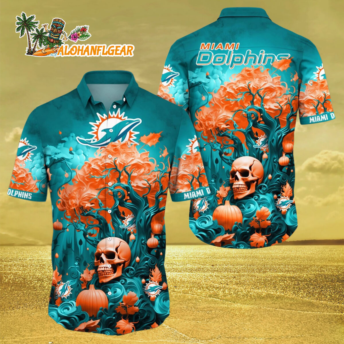 Miami Dolphins Halloween Skull Pumpkin Hawaiian Shirt Miami Dolphins Aloha Shirt 3