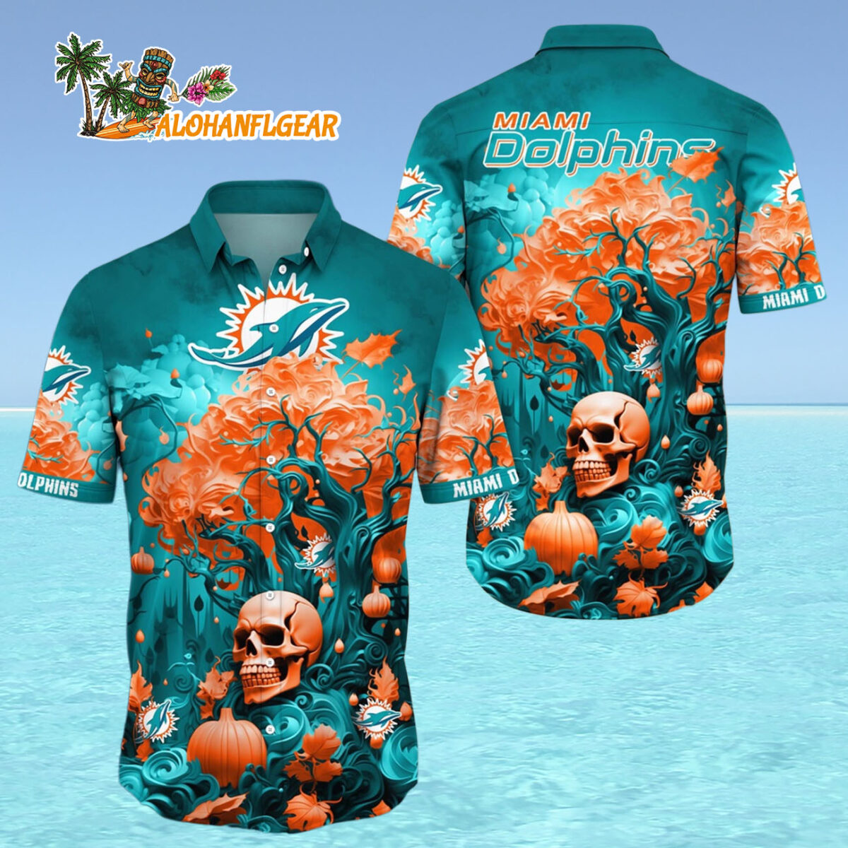 Miami Dolphins Halloween Skull Pumpkin Hawaiian Shirt Miami Dolphins Aloha Shirt 4
