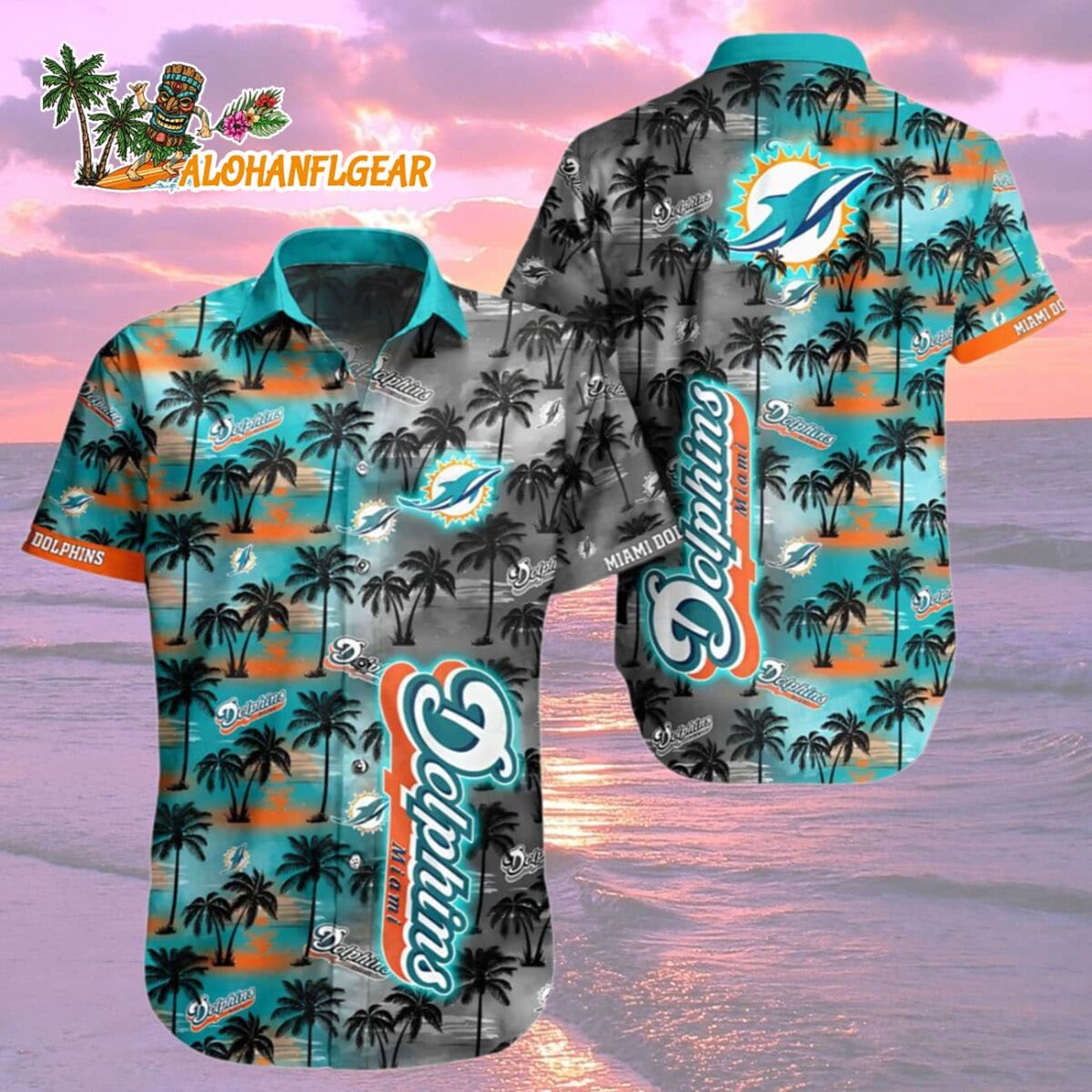 Miami Dolphins Hawaiian Shirt Twilight Palms, Miami Dolphins Aloha Shirt 1 Miami Dolphins Hawaiian Shirt Twilight Palms Miami Dolphins Aloha Shirt 2