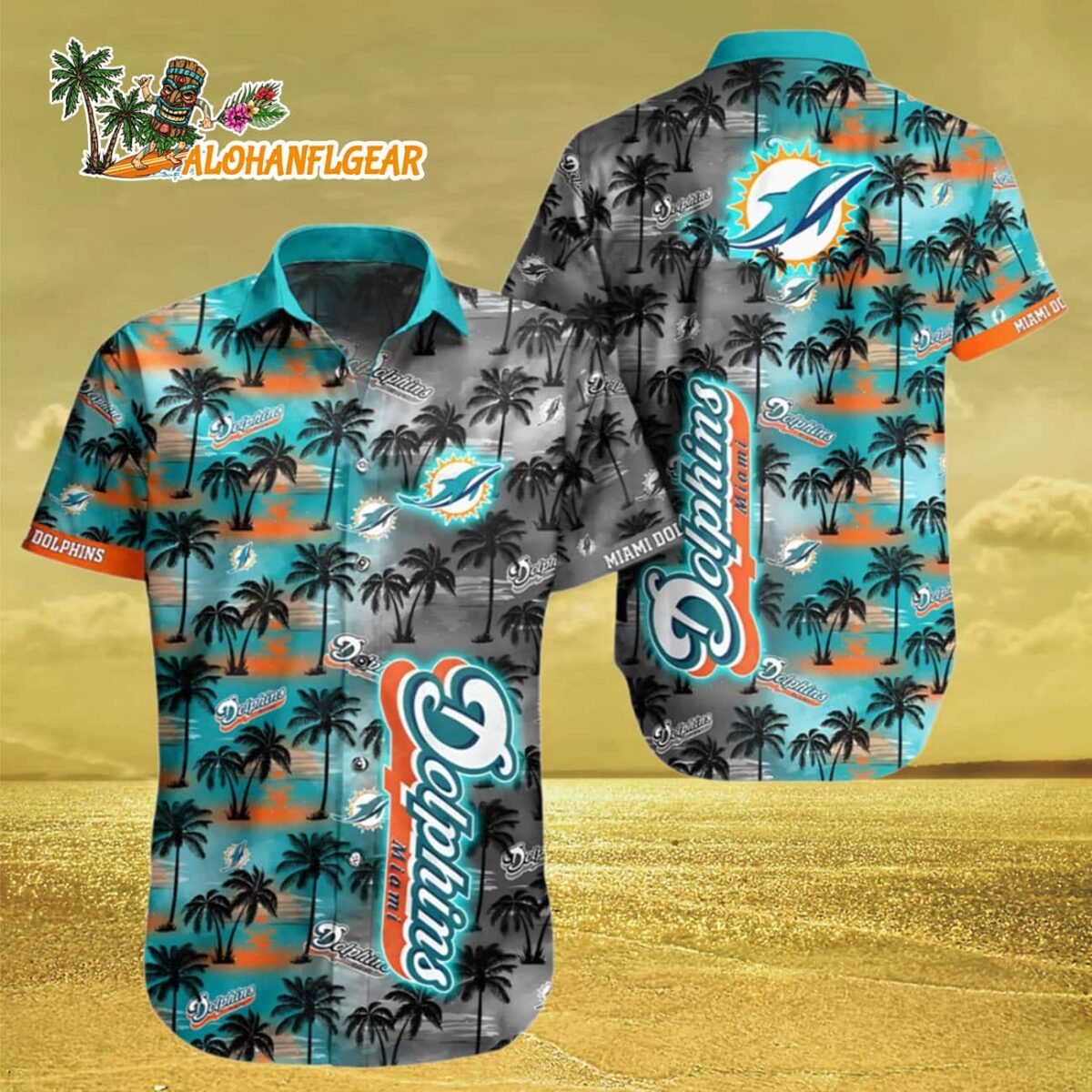 Miami Dolphins Hawaiian Shirt Twilight Palms, Miami Dolphins Aloha Shirt 2 Miami Dolphins Hawaiian Shirt Twilight Palms Miami Dolphins Aloha Shirt 3