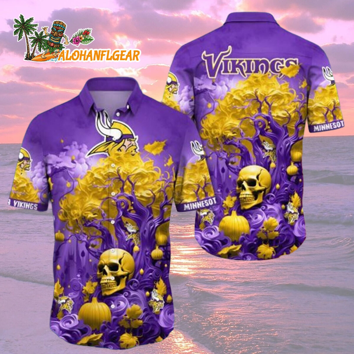 Minnesota Vikings Halloween Skull Pumpkin Minnesota Vikings Aloha Shirt 2