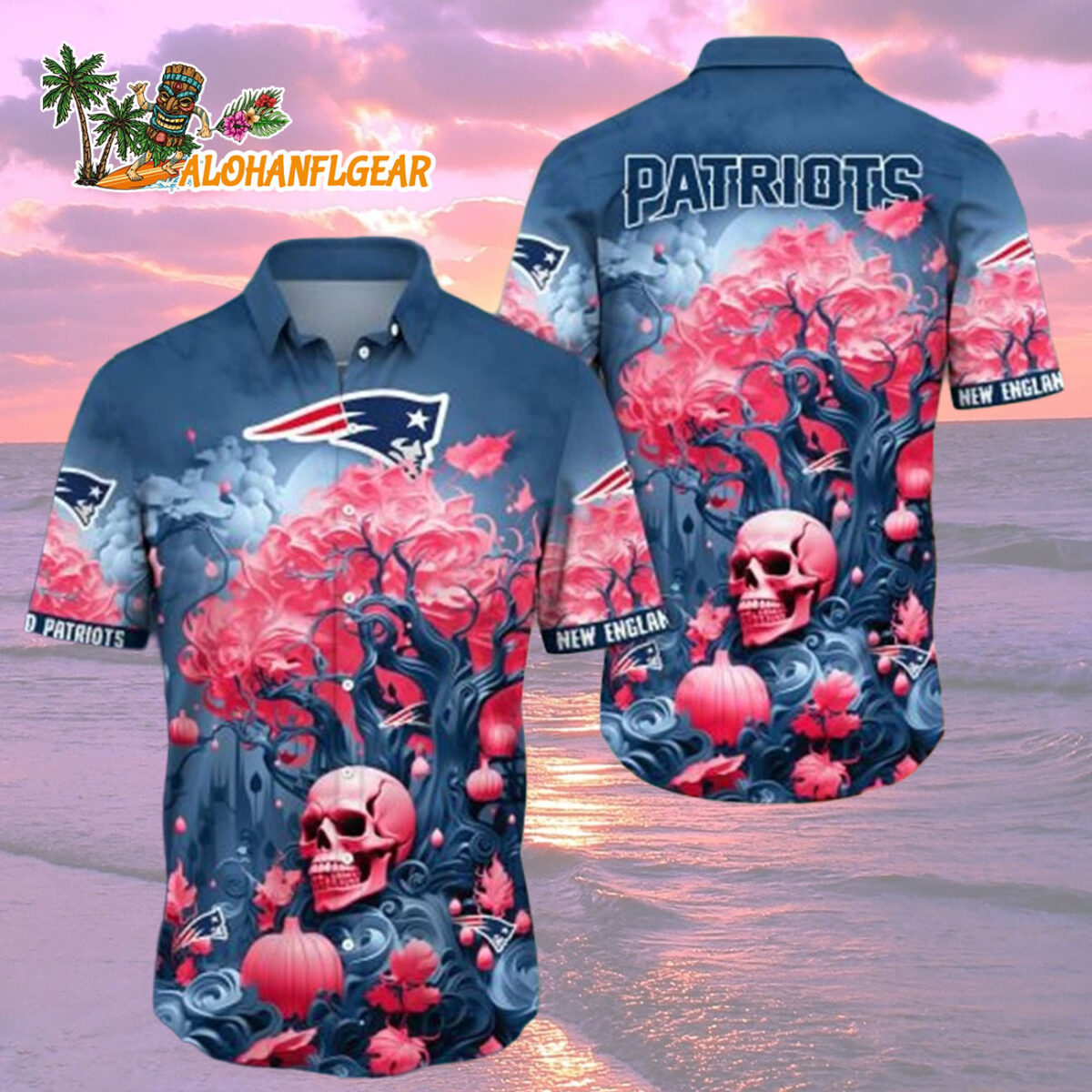 New England Patriots Halloween Skull Pumpkin New England Patriots Aloha Shirt 2