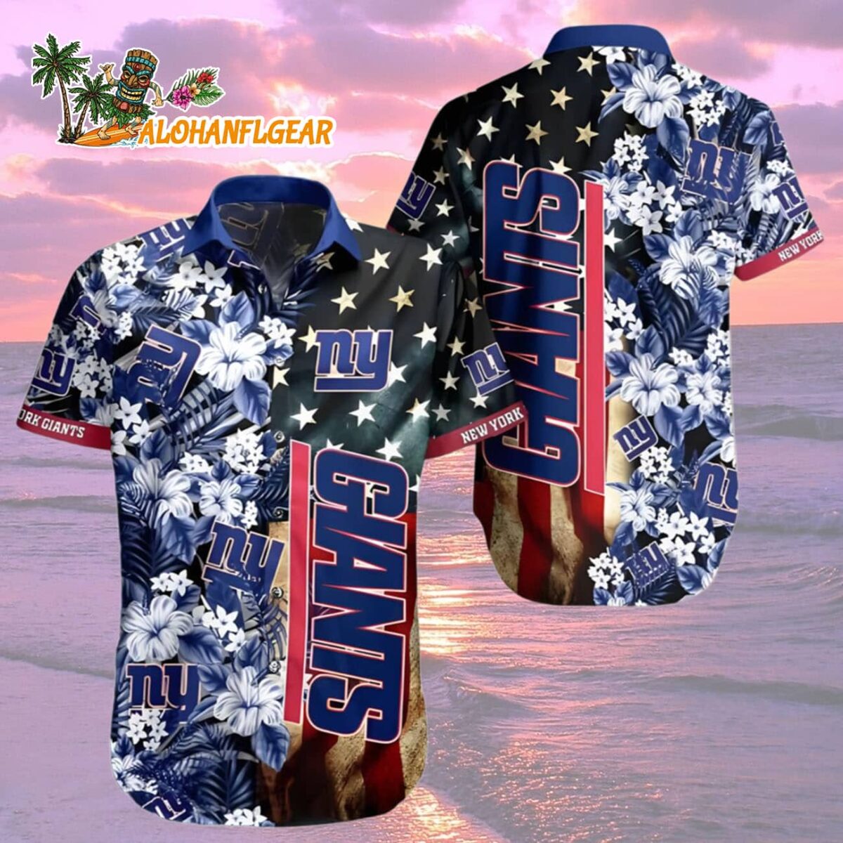 New York Giants Hawaiian Shirt American Flag Flowers Design New York Giants Aloha Shirt 2